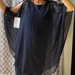 Size 10 Mother of the Bride/Groom-Navy Blue dress Bead accents and sheer overlay